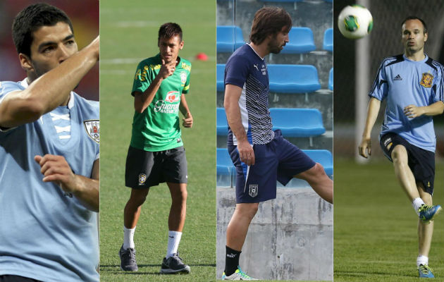 Suárez, Neymar, Pirlo e Iniesta são as estrelas das semi-finais (Iván Franco/EFE - Alex Silva/Estadão - Fernando Bizerra Jr./EFE - Felipe Trueba/EFE) 